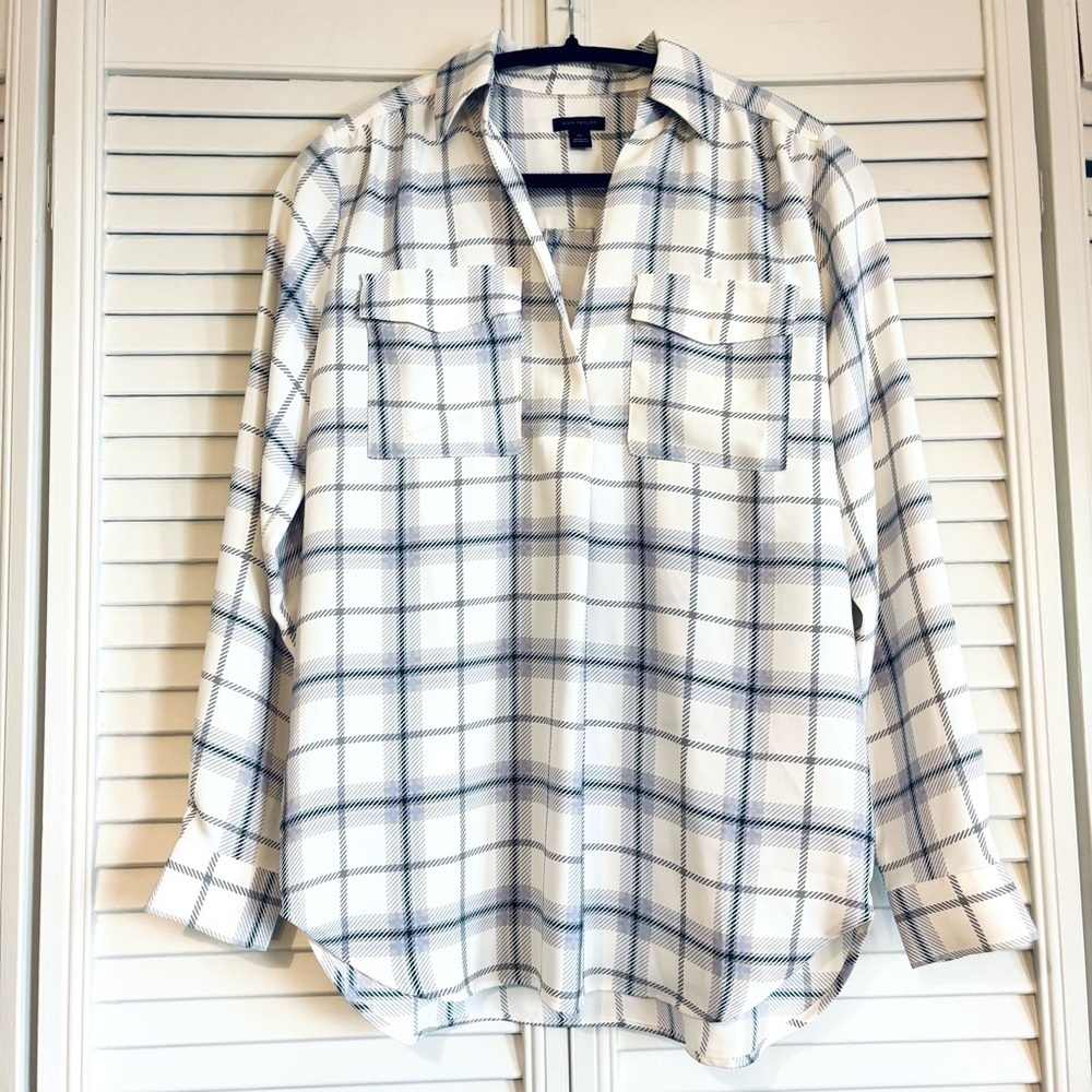 Ann Taylor Plaid White Gray Blouse Popover Tunic Size XS